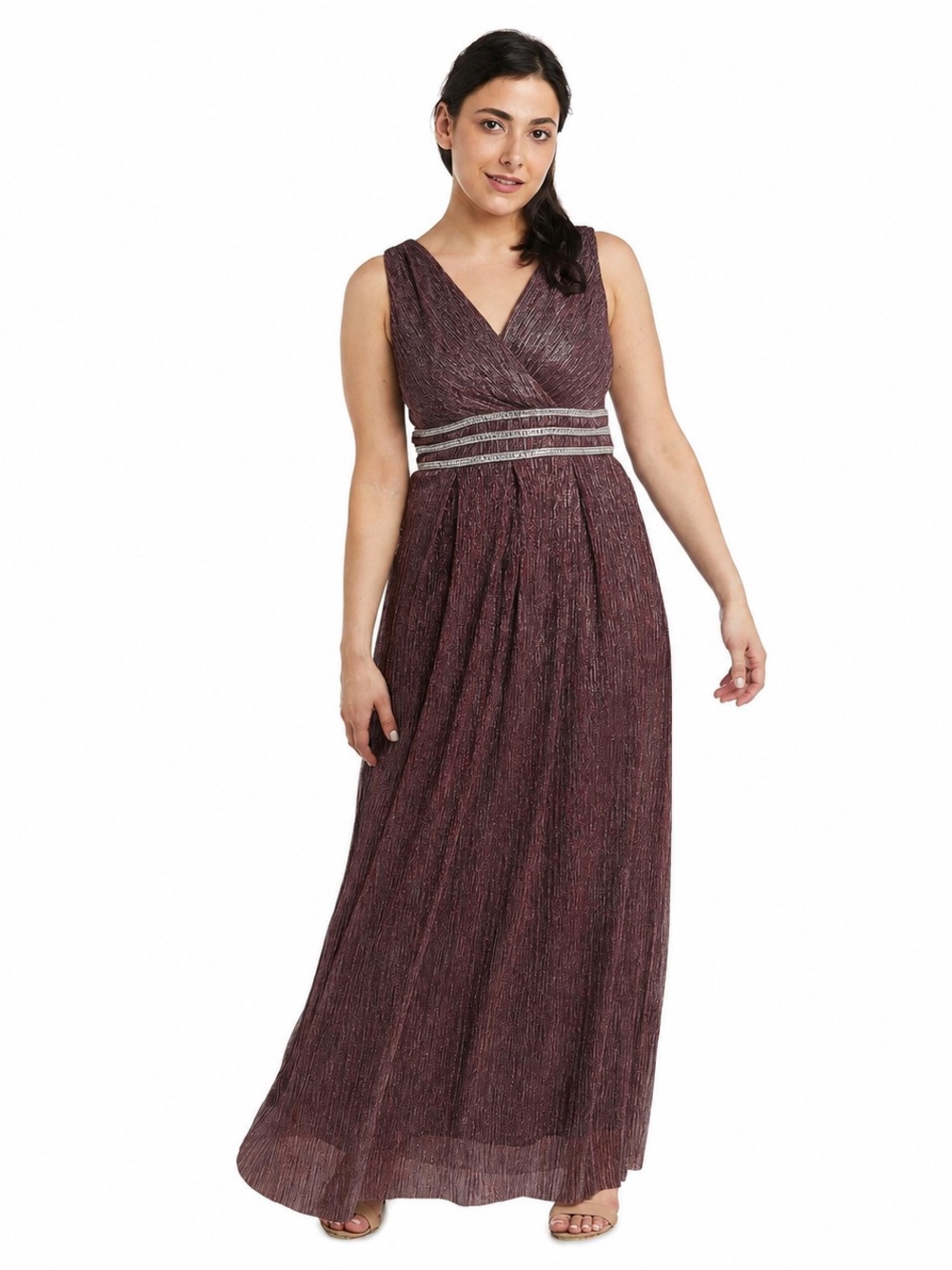Women's R&M Richards Crinkle Pleated Sleeveless Dress with Rhinestone Trim Waist